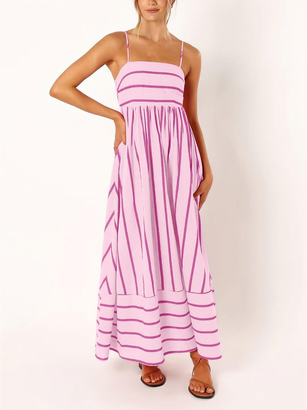 Women's Summer Striped Back Cutout Cami Maxi Dress