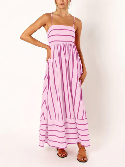 Women's Summer Striped Back Cutout Cami Maxi Dress