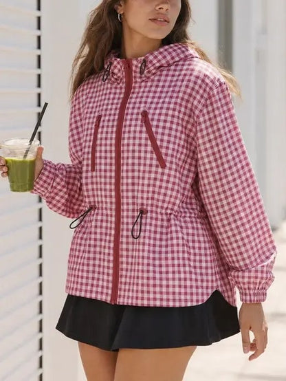 Women's Oversized Plaid Checkered Casual Windbreaker Coat
