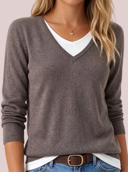 Women's V Neck Fake Two Piece Knit Sweater