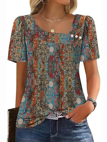 Women's Asymmetrical Square Neck Short Sleeve Blouse