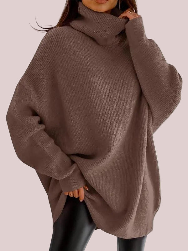 Women's Oversized Cowl Neck Batwing Sleeve Long Knit Tunic Sweater