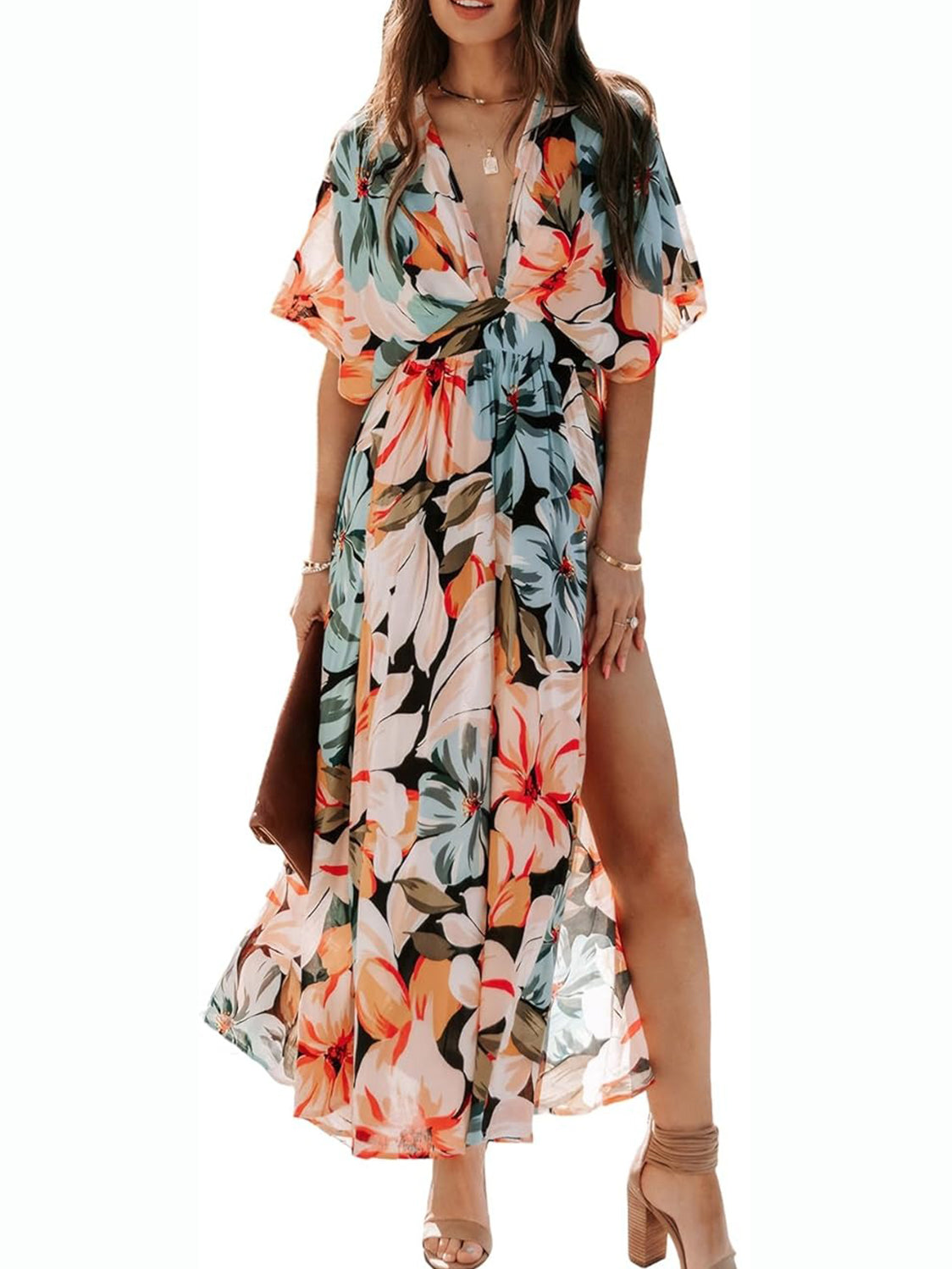 Women's A-Line Floral Print Deep V Neck Maxi Dress