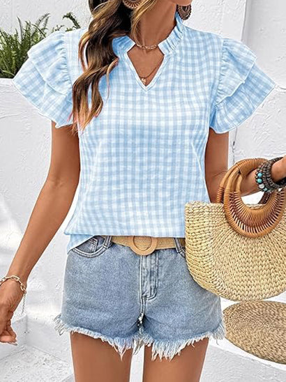 Women's Gingham V Neck Ruffle Sleeve Blouse