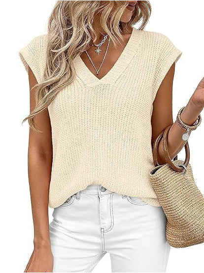 Women's V-Neck Knit Cap Sleeve Sweater Vest