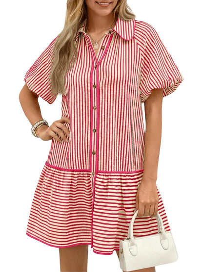 Women's Sweet Striped Lapel Puff Sleeve Midi Dress