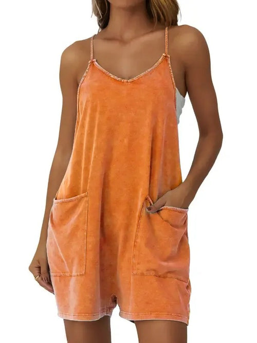 Women's V-Neck Spaghetti Strap Romper with Side Pockets