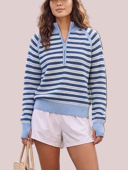Women's Striped Waffle Knit Half Zip Pullover