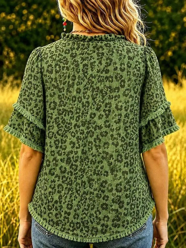 Women's Leopard Print Ruffle Neck Blouse