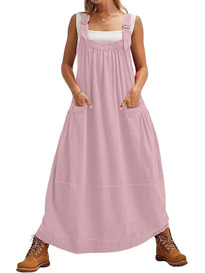 Adjustable Strap Barrel Overall Dress with Pockets