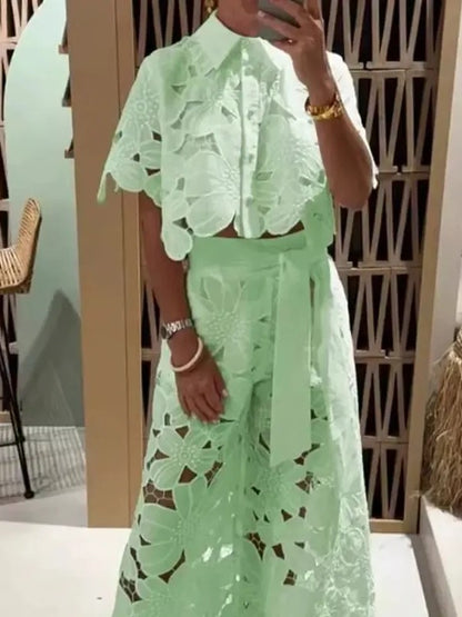 Women's Floral Eyelet Lace Crop Shirt & Wide Leg Pants 2 Piece Set