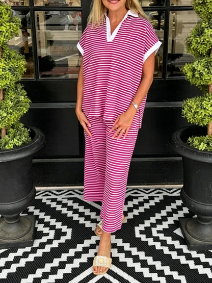Women's Stripe Polo Loungewear Set