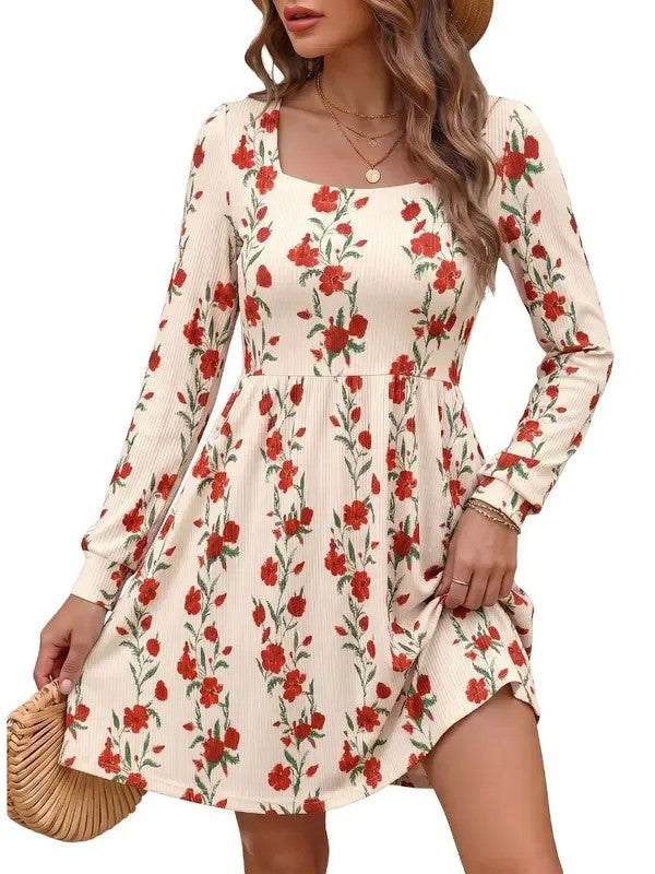 Womens Boho Floral Long Sleeve Empire Waist Dress