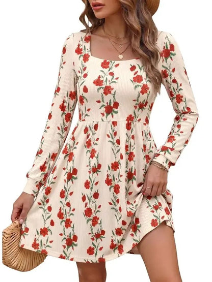 Womens Boho Floral Long Sleeve Empire Waist Dress