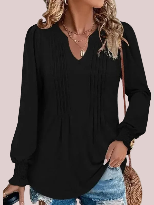 Women's Print Notch V‑Neck Long Sleeve Top