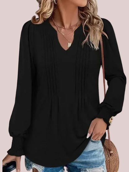 Women's Print Notch V‑Neck Long Sleeve Top