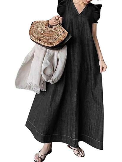 Women's Ruffle Sleeveless V-Neck Denim Maxi Dress
