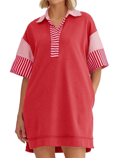 Women's Striped Colorblock Polo Collar Casual Dress