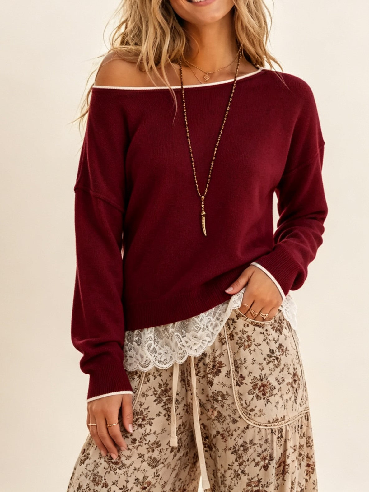 Women's Off‑Shoulder Drop Shoulder Sweater With Lace Trim