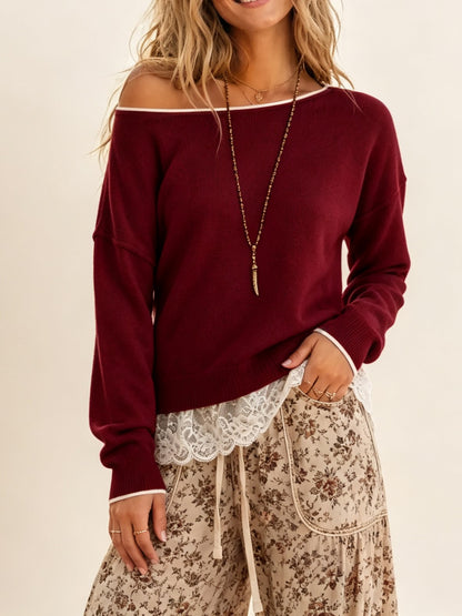 Women's Off‑Shoulder Drop Shoulder Sweater With Lace Trim