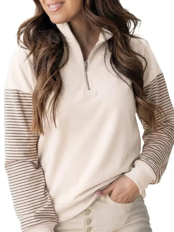 Women's Color Block Half Zip Striped Raglan Sweatshirt