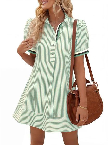Women's Collar Half Button Casual Striped Dress