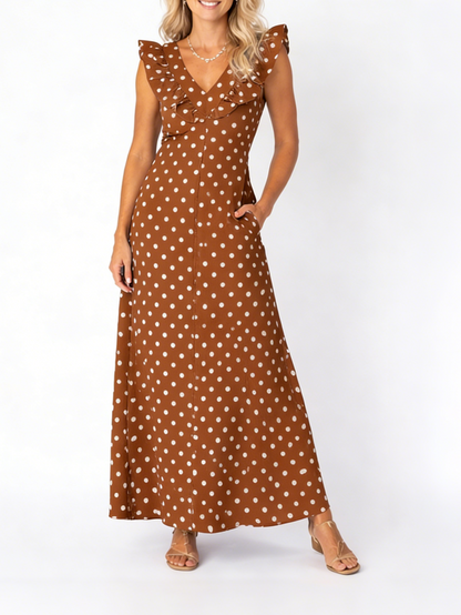 Women's Flutter Sleeve V-Neck Polka Dot Maxi Dress
