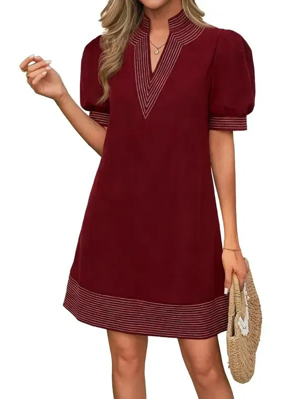 Women's Floral Stripe Trim Puff Sleeve Mini Dress