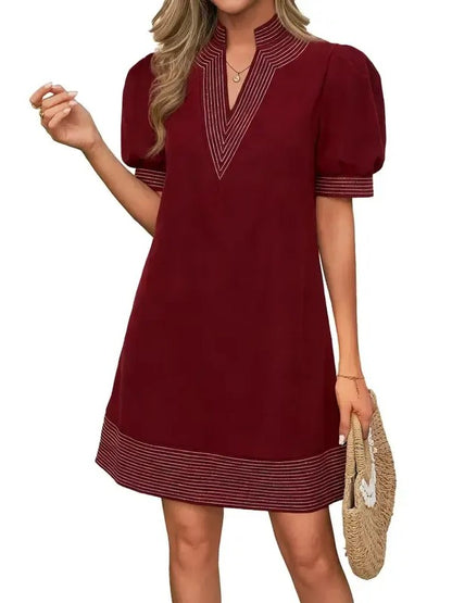Women's Floral Stripe Trim Puff Sleeve Mini Dress