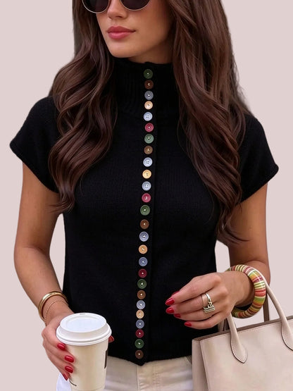 Women's Vintage Multi-Button Short Sleeve Knit Sweater