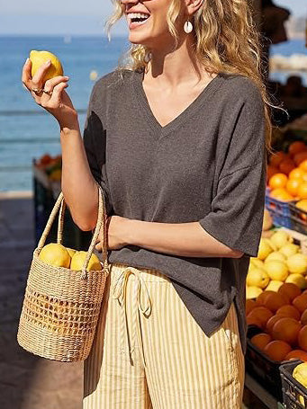 Women's V-Neck Elbow Sleeve Wool Blend Oversized Sweater