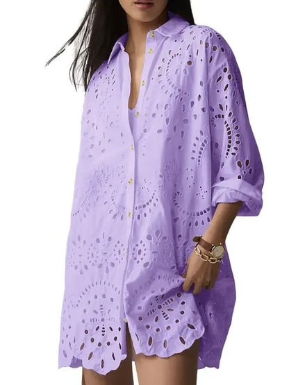 Women‘s Eyelet Lace Button Down Shirt Dress