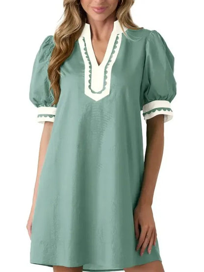 Women's Scalloped Trim Puff Sleeve Mini Dress