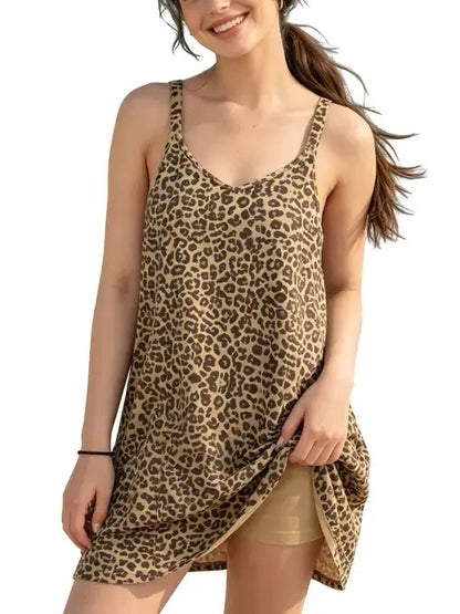 Women's 2 in 1 Leopard Sleeveless Athletic Dress with Pockets