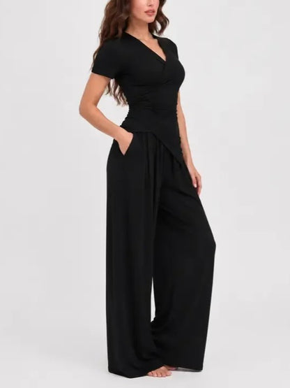 Women's Wrap Top Wide Leg Pants 2‑Piece Set