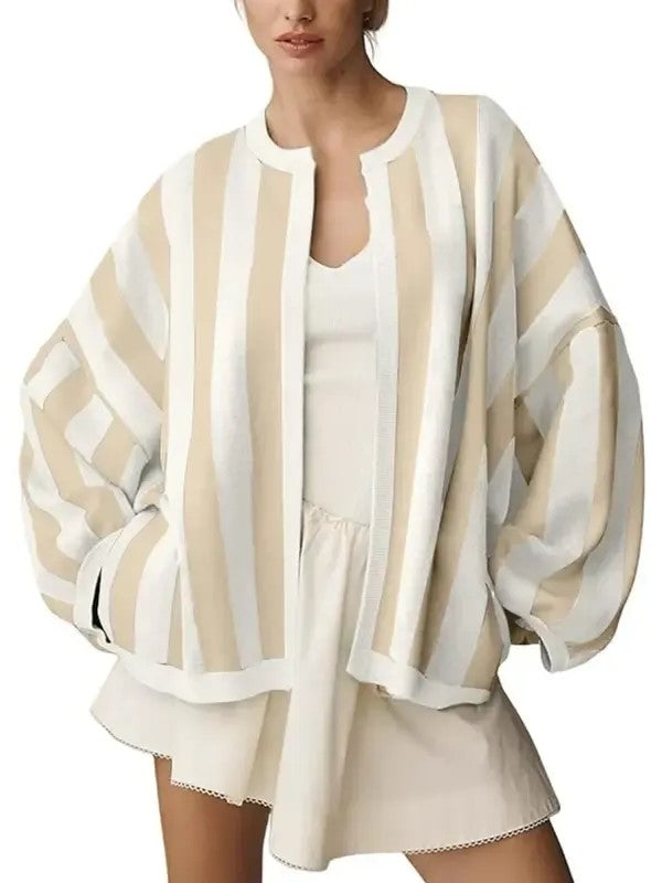 Women's Color Trim Striped Oversized Knit Cardigan