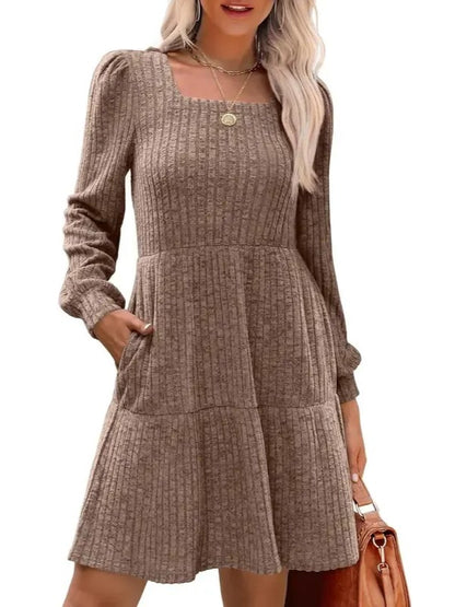 Women's Square Neck Ribbed Babydoll Knit Dress