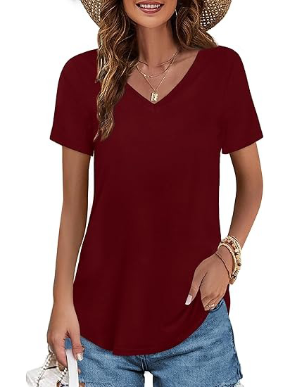 Women's V-neck Short Sleeve Curved Hem Tee Top (Buy 3 Free Shipping)