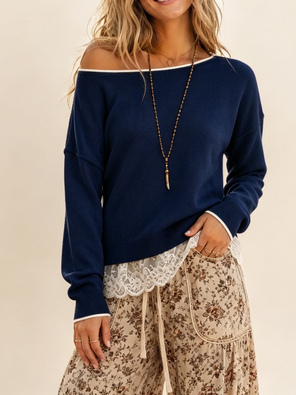Women's Off‑Shoulder Drop Shoulder Sweater With Lace Trim