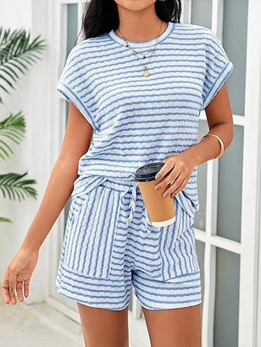 Women's Casual Striped T-shirt and Shorts Two Piece Set