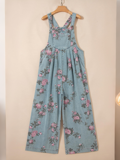 Women's Vintage Floral Denim Wide Leg Jumpsuit
