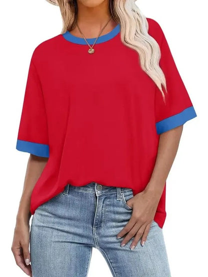 Women's Color Block Ringer Crew Neck Oversized T-Shirt