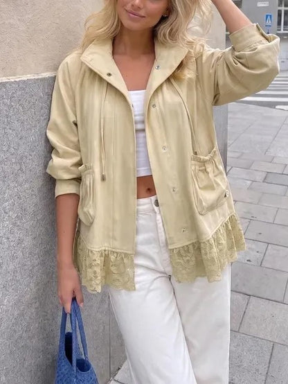 Women's Casual Lace Hem Stand Collar Jacket