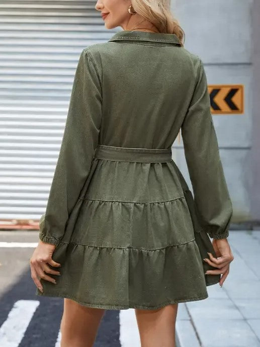 Women's Zip‑Up Long Sleeve Tiered Denim Dress