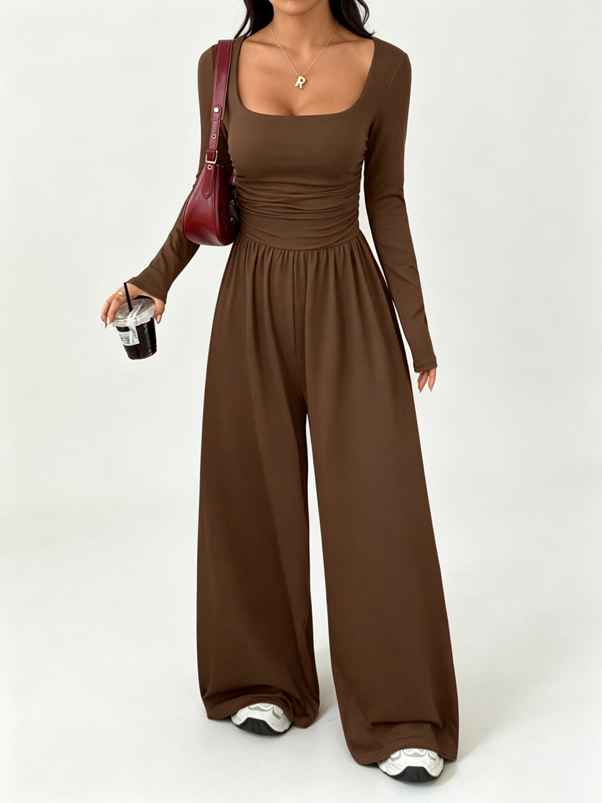 Women's Soft Stretchy Square Neck Wide Leg Jumpsuit