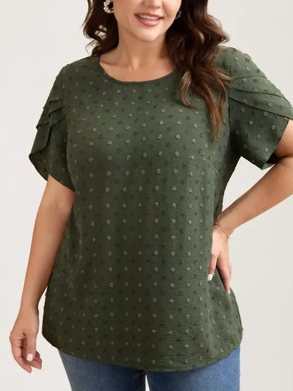 Women's Dot Textured Petal Short Sleeve Blouse