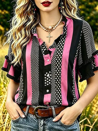 Women's Polka Dot Stripe Fringe Short Sleeve Blouse