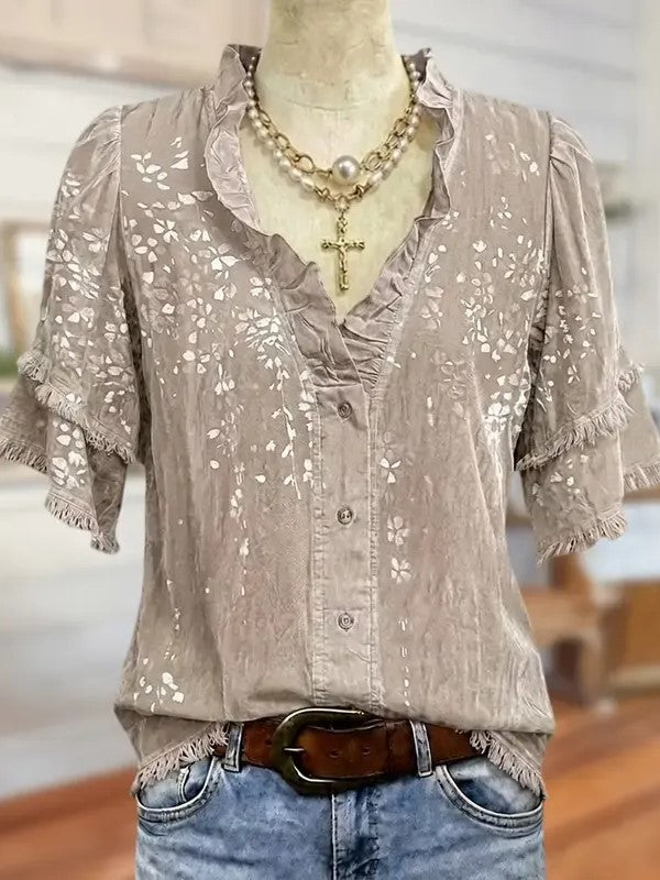 Women's Ruffle V Neck Floral Fringe Blouse