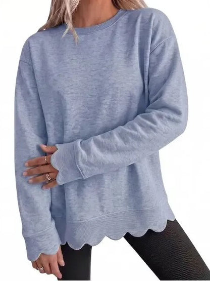 Women's Crew Neck Wavy Scallop Oversized Sweatshirt