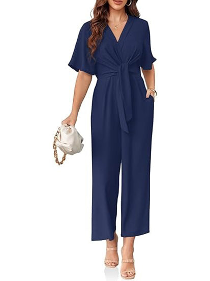 Women's Chic Tie-Front V-Neck Short Sleeve Jumpsuit